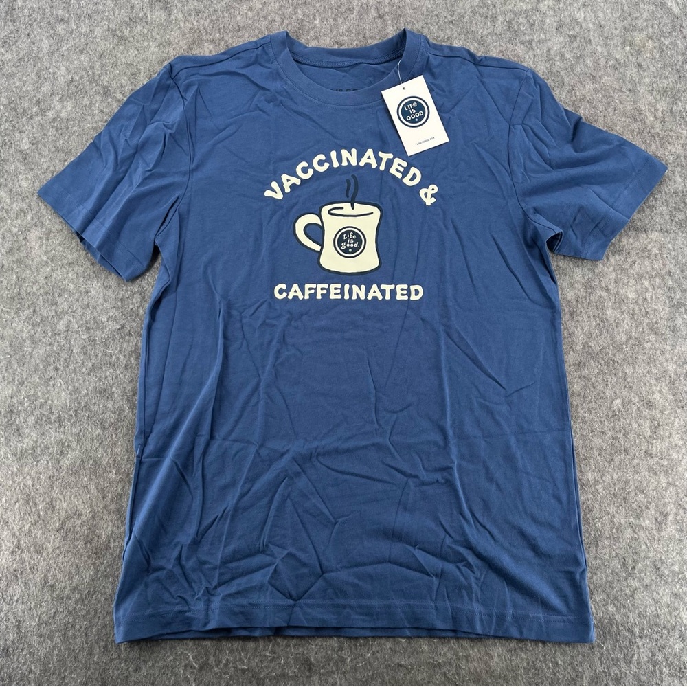 Life Is Good Mens Blue Vaccinated & Caffeinated Graphic T Shirt Size S NEW